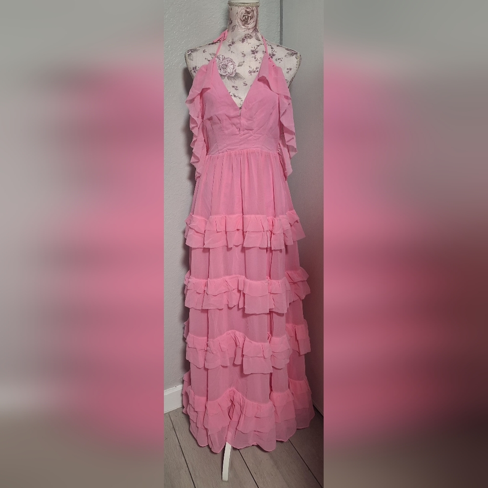 NWT Layered With Love Pink Chiffon Ruffle Open Back Halter Maxi Dress M